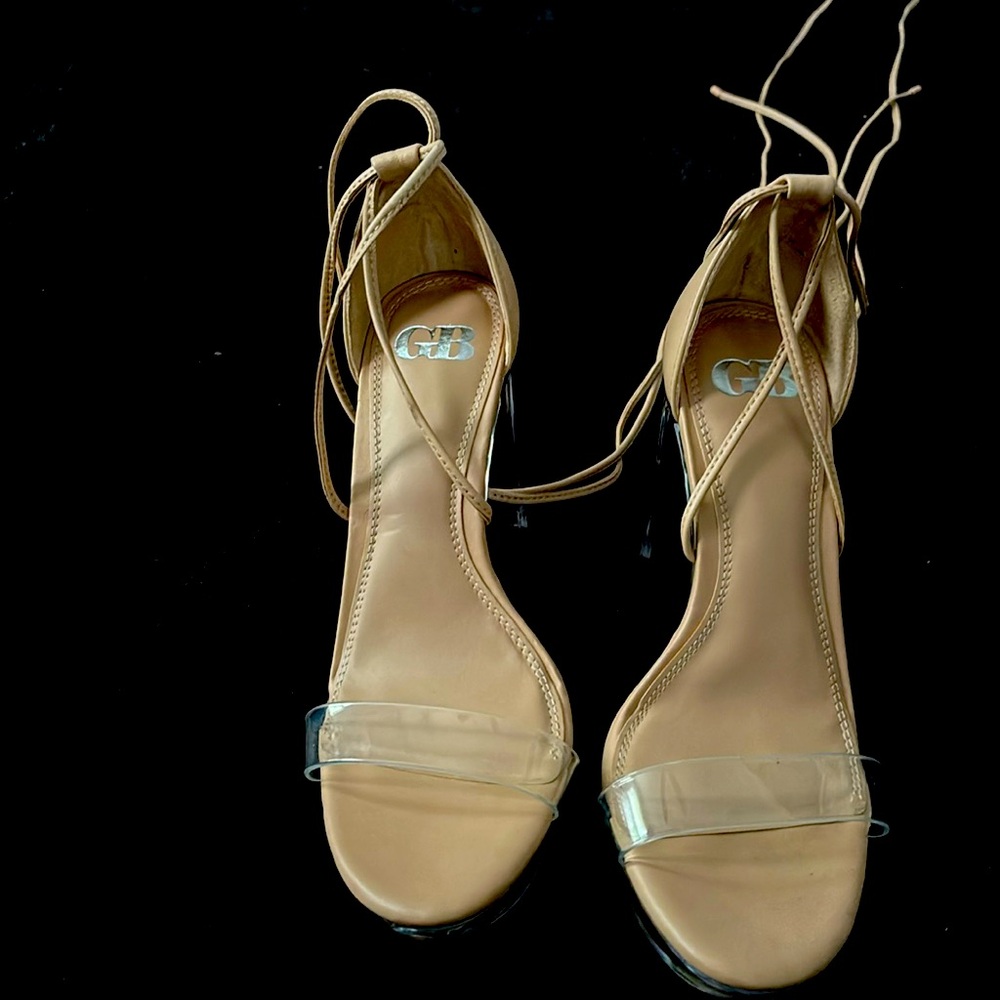 Nude/clear heeled leather wrap sandals